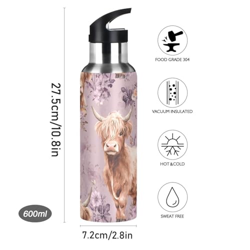Highland Cow Purple Flower Water Bottle Kids Insulated Sports Vacuum Stainless Steel Mug with Straw Lid & Handle 20 oz - color: C3666