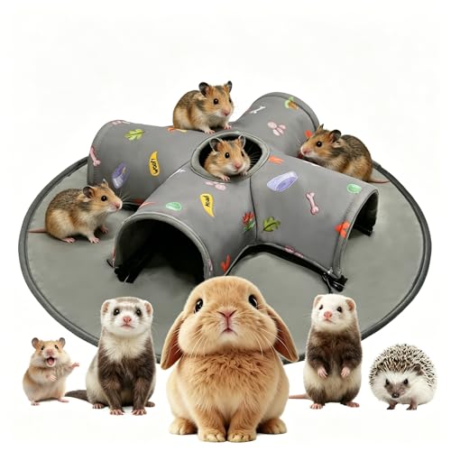 Small Pet Tunnel Bed with Top Peek Hole, 4-Way Hideout with Removable Washable Mat, Interactive Play Toy for Guinea Pig, Hamster, Rabbit, Chinchilla, Kitten - color: 4-Way + Round Mat