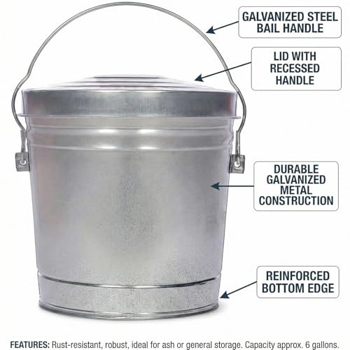Galvanized Steel Locking Lid Storage Can, 6 Gallon, Heavy Duty Metal Pail for Bird Seed, Dry Pet Food, Charcoal Ash, Rodent Proof, Rust Resistant with Wire Bail Handle