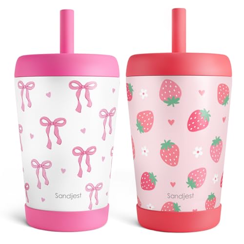 SANDJEST Kids nsulated Stainless Steel Tumbler with Silicone Straw, 12 Ounces, Pack of 2 for Boys, Birthday Back to School (Bow + Strawberry) - color: Bow + Strawberry