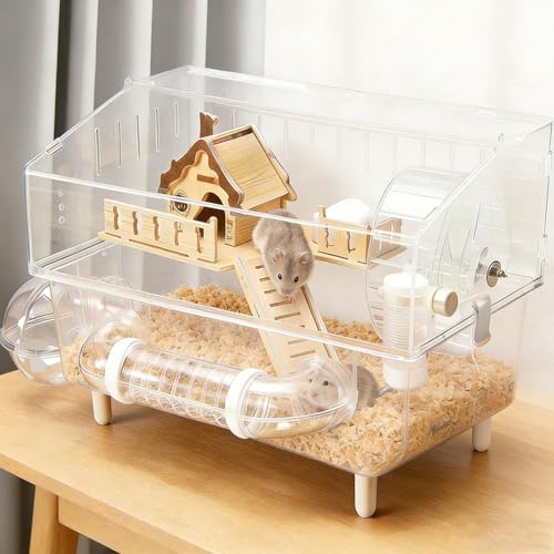 8-in-1 Clear Acrylic Hamster Cage 18x12x13 Small Animal Habitat House | All-in-One Accessory Set, High Transparency View, Easy Cleaning & Assembly, Ideal Starter Kit for Mouse, Dwarf, Gerbil