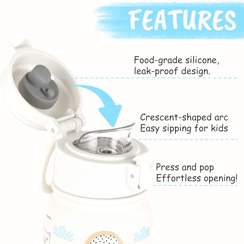 GOPPUS Kids Insulated Water Bottle 12oz, Leakproof Stainless Steel Thermos, BPA Free Double Wall Vacuum Insulated Bottle for School, Travel, Sports & Outdoor Activities, Boys Girls - color: White bear