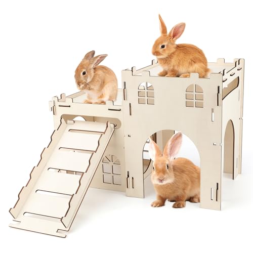 BWOGUE Wooden Bunny Castle Hideout, Extra Large Bunny House with Stairs | Bunny Houses and Hideouts, Split Balcony, Detachable Stairs, Ventilated Design, Indoor Rabbits Guinea Pigs and Chinchillas - style: 2 House and 1 Ladder