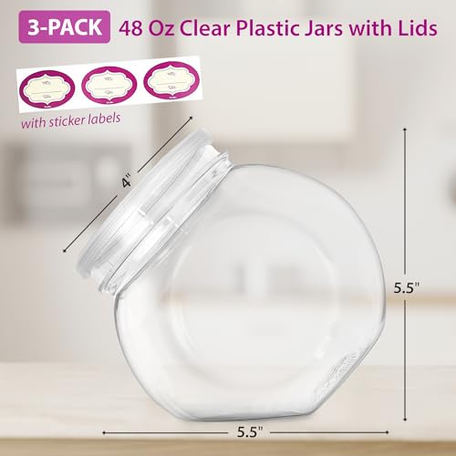 3 Pack Plastic Candy Jar - 48oz Round Candy Jars with Lids for Candy Buffet, Kitchen & Office Desk - Plastic Jars with Lids for Candy, Cookies & Snacks - Clear Jar with Labels BPA-Free
