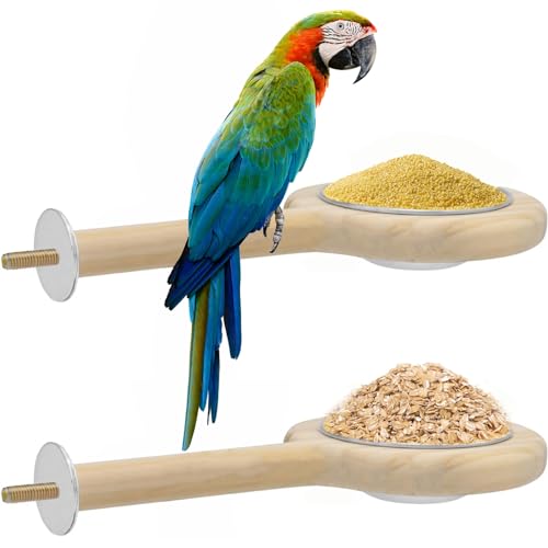 2-Pack Bird Perch Feeding Cup for Parakeet Cockatiel Budgie | Solid wood perch with stainless bowl secures to cage, preventing spills and scattered seeds for small birds - color: 2*large bird feeding cup