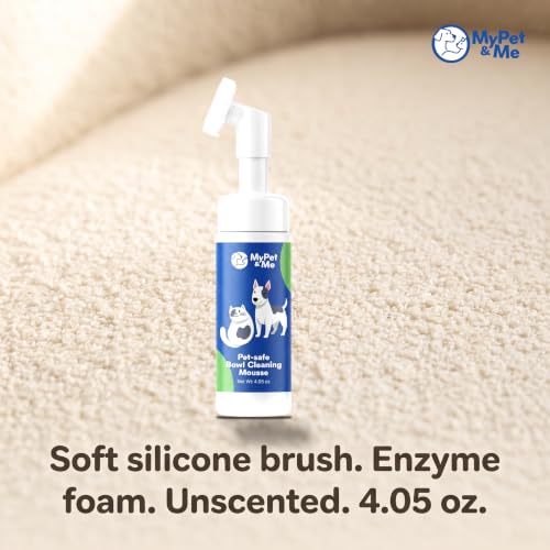 My Pet & Me Dog Bowl Cleaner Mousse, Built-in Scrub Brush, Enzyme Foam | Enzyme foam for slime & biofilm. Unscented, rinses clean. Steel, ceramic & plastic safe. Bowls, fountains & toys. 4.05 oz