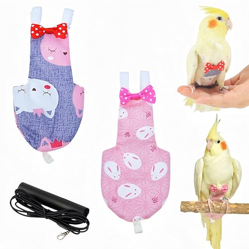 2Pcs Bird Diapers Bird Harness Flight Suits Diapers with 80 Inch Flying Leash Parrot Nappy Washable Cute Urine Wet Suit for Cockatiel Conure Macaw Budgies Parakeet-Rabbit&Kitten,S - size: S