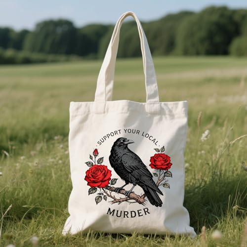 ANATTASOUL Canvas Tote Bag Reusable Cotton Bag for Women, Large 14.96"x 15.74" Cloth Shoulder Bags with Zipper Pockets - style: Crows and Flowers