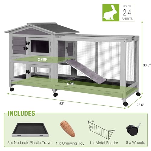 GUTINNEEN Large Rabbit Hutch Indoor with Chew-Proof Ramp, 62" L Wooden Rabbit Cage with 6 Casters, Bunny Cage with 2 Trays and 2 Story for Small to Medium Animals (Grey) - color: Grey
