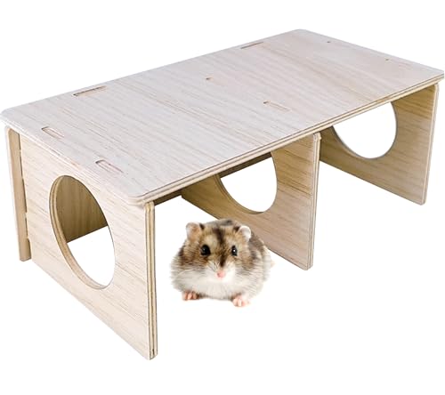Hamiledyi Wooden Hamsters 2-Chamber Hideout-Tunnel Multi Chamber Exploring Toy Hamster Hiding Maze Tunnel Toy Platform Stuff Cage Accessories for Gerbil Rat Mice - size: M