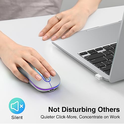 cimetech Rechargeable Wireless Mouse, Dual Mode Mouse-Silver | 2.4G & BT Slim Mouse for MacBook,Silent Click, 1600 DPI for Office Travel Mac Air Pro/PC/Laptop/Computer - color: Silver