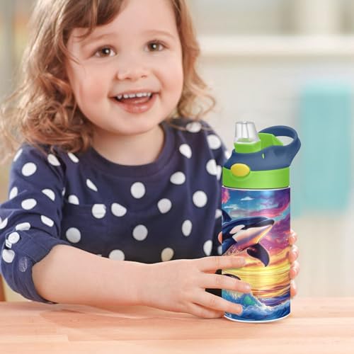 OTVEE Orca Whale Kids Water Bottle with Straw Lid 12 oz Insulated Stainless Steel Leakproof Duck Mouth Tumbler Cup for Boys Girls Teen School - color: Orca Whale