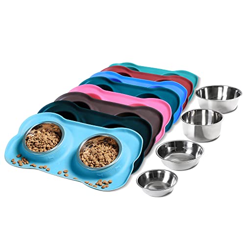 Hubulk Pet Dog Bowls 2 Stainless Steel Dog Bowl with No Spill Non-Skid Silicone Mat + Pet Food Scoop Water and Food Feeder Bowls for Feeding Small Medium Large Dogs Cats Puppies (Small, Turquoise) - color: Turquoise, size: Small