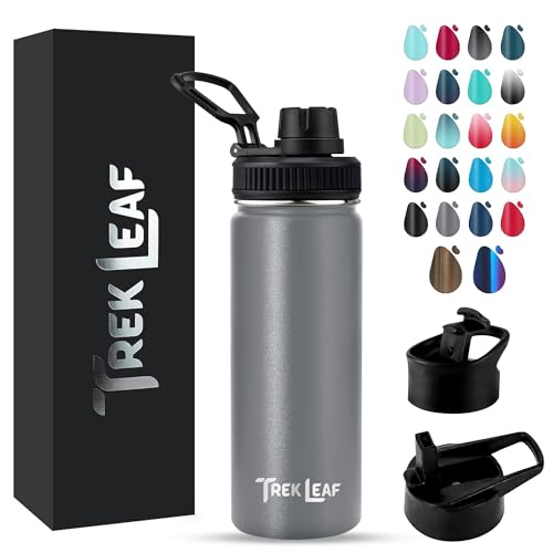 Travel Water Bottle with 3 Lids (Spout, Straw, Flip) Leak Proof, Quality, Vacuum Insulated, Stainless Steel (Gray, 18 oz) - color: Gray, size: 18 Ounces