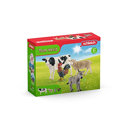 Schleich FARM WORLD - 4 PC Starter Barnyard Animal Set - Includes Cow, Sheep, Rooster and Sheep Figurines - Farm Animal Toys for Kids 3+ | 42385 | Farm Animal Figurine, Realistic Animal Toys, Cow Rooster Donkey Sheep Figures, Barn Toy for Kids 3+, Screen-