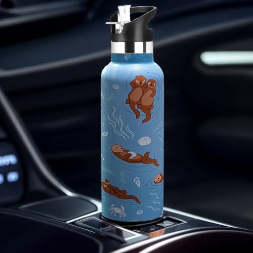 Kids Water Bottle with Straw,Sea Otter Bottle Vacuum Insulated Stainless Steel Travel Mugs Tumbler For Sport School Outdoor 20 oz - color: Blue Otter