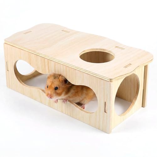 Hamster Tunnel Hideout Wooden House, Medium Wooden Hamsters Inspired Tunnels Hamster with Side Top Windows Peep Tunnels Chamber Hideout Tunnel Smooth Streamlined Design for Dwarf and Syrian Hamsters