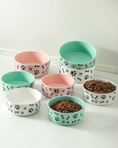 UBEE Ceramic Dog Bowl Set of 2, 5.5 inch Dog Food Bowl Dish with Bone Paw Pattern, Pet Food Water Dish Feeding Plates for Small Dogs, Puppy and Cat, Green - color: Green-dog paw, size: 5.5 inch x 2