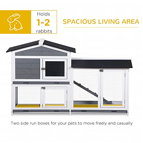 PawHut 62" Rabbit Hutch, Wooden Bunny Hutch, Guinea Pig Cage, Small Animal Enclosure with Run Area, Removable Tray, Asphalt Roof, Lockable Doors and Ramp, Gray | Wooden Bunny Hutch, Guinea Pig Cage, Small Animal Enclosure, Removable Tray, Asphalt Roof, Lo