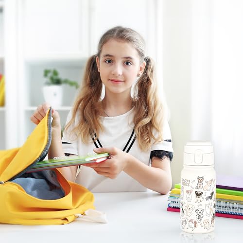 GOPPUS Kids Insulated Water Bottle 12oz, Leakproof Stainless Steel Thermos, BPA Free Double Wall Vacuum Insulated Bottle for School, Travel, Sports & Outdoor Activities, Boys Girls - color: White dog
