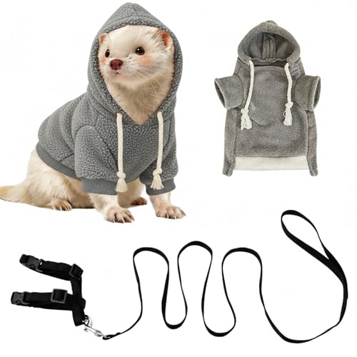 Ferret Clothes and Leash Set, Warm Hoodie Sweater with Harness and Leash for Outdoor Walking, Cozy Wear for Ferrets, Chinchillas, Small Pets, Adjustable Small Pet Outfits (Grey) - color: Grey