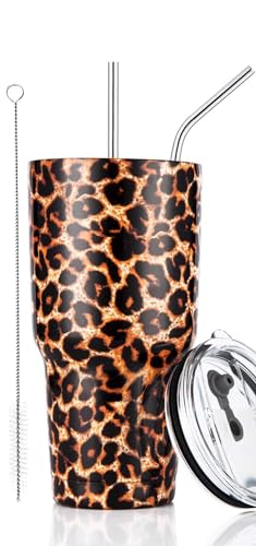 30oz Leopard Tumbler Stainless Steel Insulated Travel Mug with Straw Lid Cleaning Brush (30 oz Leopard), 1 Count (Pack of 1) | Double Wall Vacuum Suit Cold and Hot Drink Fits in standard car cup holders With Splash-Proof Lid - color: Leopard