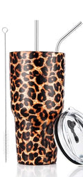 30oz Leopard Tumbler Stainless Steel Insulated Travel Mug with Straw Lid Cleaning Brush (30 oz Leopard), 1 Count (Pack of 1) | Double Wall Vacuum Suit Cold and Hot Drink Fits in standard car cup holders With Splash-Proof Lid - color: Leopard