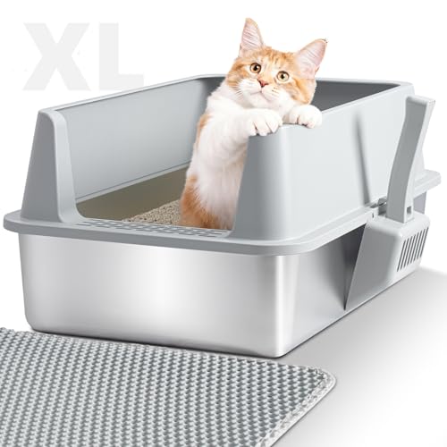 Stainless Steel Litter Box,XL Metal Cat Litter Box with Lid High Sides, Extra Large Litter Boxes for Big Cats,Odor-Resistant, Scratch-Proof, Easy to Clean, Non-Stick,Scoop Included - color: Large to XL:23"×14.6"×10"
