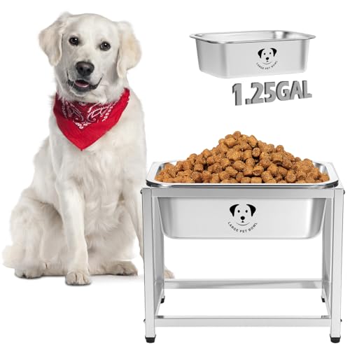 1.25 Gallon Elevated Large Dog Water Bowl, 10.23" Raised Stainless Steel Bowl for Medium Large Breed, Elevated Dog Water Bowl with Full Metal Stand, Easy to Clean and Assemble for Indoor Outdoor - size: 1.25 Gal - Height 10.23"