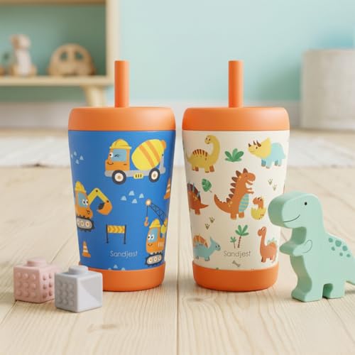 SANDJEST Kids nsulated Stainless Steel Tumbler with Silicone Straw, 12 Ounces, Pack of 2 for Boys, Birthday Back to School (Construction + Dinosaur) - color: Construction + Dinosaur