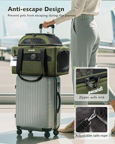Pecute Top Expandable Airline Approved Pet Carrier for Cats, Dark Gray | Top side expandable, breathable scratch-resistant mesh, leakproof pee pad, locking zippers, foldable travel bag under 11lbs. - color: Olive Green