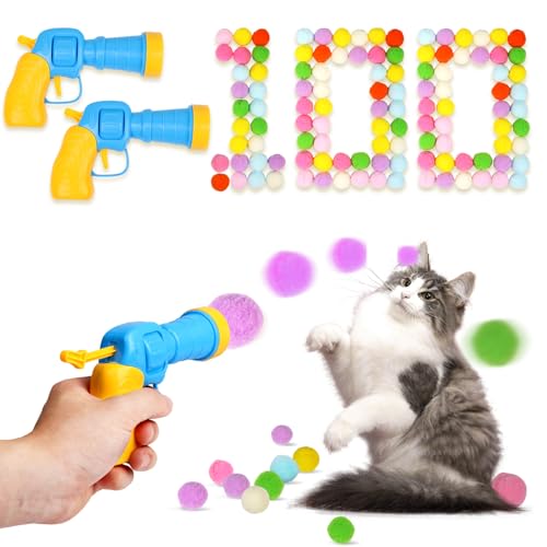 TEAWOO 100Pcs Cat Toys Pom Pom Balls with 2 Launcher Set | Interactive Cat Toy Stuff for Indoor Both Adult & Kitten Toys, 2 launcher & 100 balls - size: 2 launchers & 100 balls