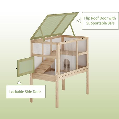 Timechee Guinea Pig House for 2 with Stand, Small Animals Rabbit Cages with a Pull Out Tray, Wooden 2 Stories Indoor Large Hamster Habitat Playpen with Ramp, Hideout, Platform