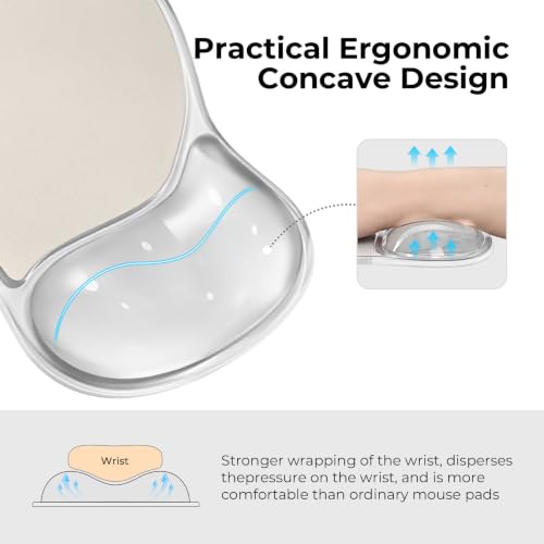 EooCoo Ergonomic Waterproof Mouse Pad with Gel Wrist Rest Support | Middle Concave Design for Natural Wrist Alignment, Non-Slip Base Mousepad, Carpal Tunnel Relief, Office Desk Accessories - color: Transparent White