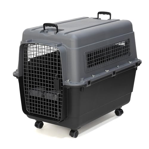 SportPet Airline Compliant X-LARGE 35.5" Travel Dog Kennel-Durable Plastic Airline Pet Carrier w/Removable Wheels & Food Bowls, Collapsible Indoor/Outdoor Dog Kennel, Dogs up to 32"L & 23"H-Dark Gray - color: Dark Gray