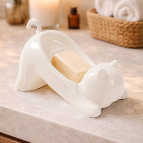 Cat Shape Soap Dish, Plastic Cute White Cat Soap Dish with Drainage Holes, Non-Slip Animal Sponge Holder Bathroom Storage Container for Bathroom, Sink, Tub Sink, Shower, Kitchen Counter
