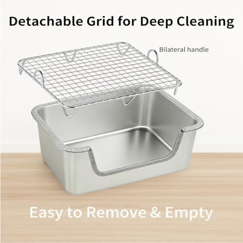 PODOO Bunny Litter Box, Stainless Steel Sifting Pan with Non-Slip Pads | Stainless steel sifting pan lets waste fall below; raised sides and non-slip pads help keep the litter area stable and tidy - color: Stainless Steel