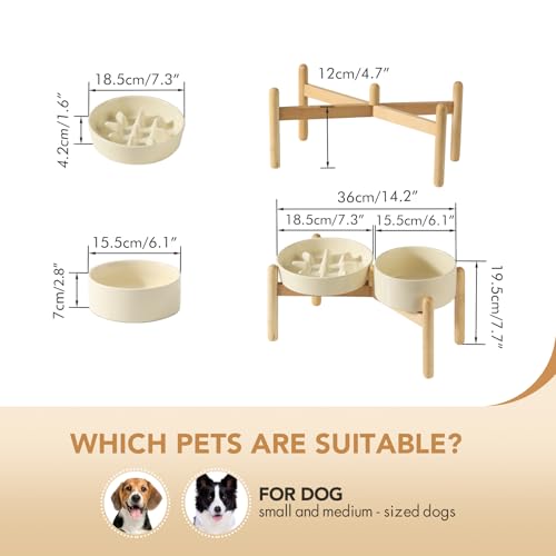 Havniva Elevated Slow Feeder Dog Bowls, Ceramic Dog Bowl Slow Feeder Set | 1.2 Cups Raised Slow Feeder Dog Bowl for Small Breed, 6.1” Dog Water Bowl with Wooden Stand, Puzzle Dog Food Bowl, Non-slip - color: Light Yellow