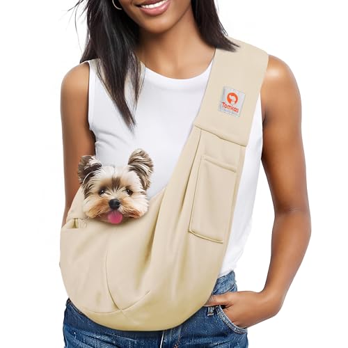 Tomkas Small Dog Cat Sling Carrier Puppy Purse Travel Wrap Soft Crossbody Pet Bag (Cream, M - Classic Pocket & Classic Strap) - color: Cream