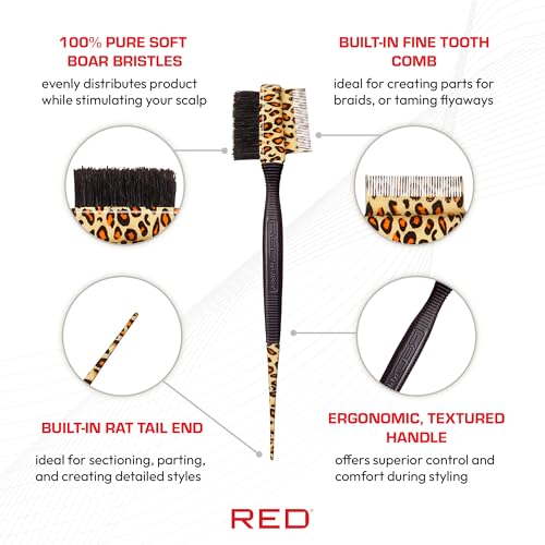 Red by Kiss Professional 3-IN-1 Edge Brush with Case – 100% Pure Boar Bristle Brush, Fine Tooth Comb & Rat Tail End for Precision Styling, Edge Control & Hair Parting - color: Leopard Boar Brush with Comb Rattail & Case