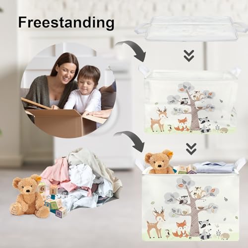 Clastyle 36L Large Woodland Animal Tree House Baby Basket Rectangle Deer Fox Squirrel Shelf Basket with Handle Collapsible Book Toy Clothes Towel Nursery Storage Basket | Waterproof Large Dirty Clothes Book Gift Toy Organizer Bin, Nursery Playroom Bedroom