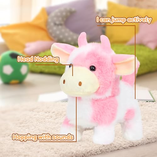 Easfan Walking Pink Cow Interactive Electronic Plush Toy for Girls 7" | Cow stuffed animal,hopping moving educational pet, with sounds & movements, Easter birthday holiday gift, for girls Toddlers - style: Pink_Cow