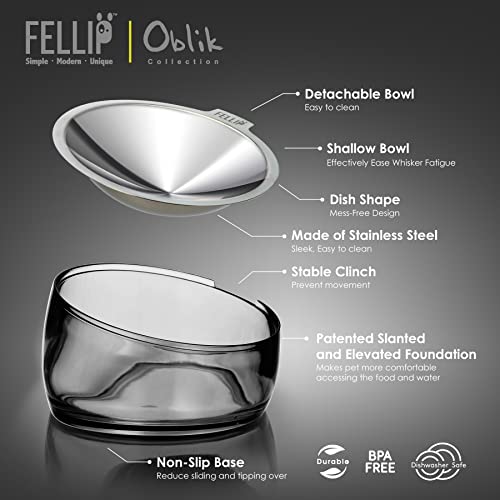 Felli Oblik Elevated Cat Bowl Removable Stainless Steel Wide Dish for Dry Wet Food Feeding & Dishwasher Clean, Slanted Whisker Fatigue Friendly Metal Plate (Smoky, 0.5 Cups Shallow Dish) - color: Smoky, size: 0.5 Cups Shallow Dish