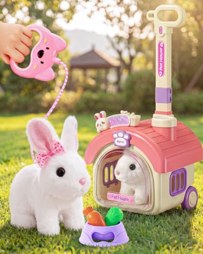 23Pcs Hopping Bunny Toy Set for Kids with Rolling Carrier House | Interactive Electric Walking Rabbit, Pretend Pet Care Grooming & Feeding Kit, Gift for Little Girls Toddlers 3-5 - style: rabbit