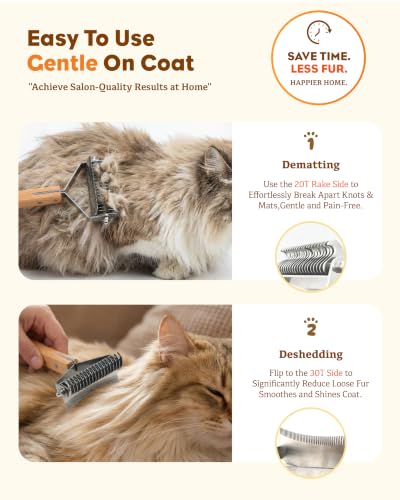 2-in-1 Cat Grooming Brush for Dematting & Deshedding | Cat Brushes for Indoor & Long Haired Cats - Professional Undercoat Rake, Safe Detangles Matted Fur & Removes Loose Fur
