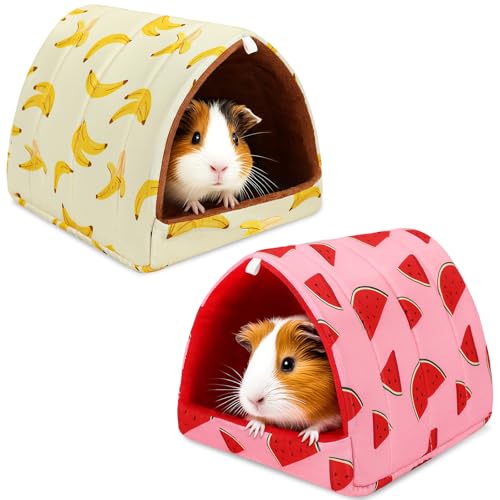 UPINS 2 Pack Guinea Pig Bed,Guinea Pig Hideout | Washable Small Animal House Cage Accessories,for Dwarf Rabbits Chinchillas Hamsters Hedgehogs - color: Red Yellow, size: 6.8 x 7.4 inch
