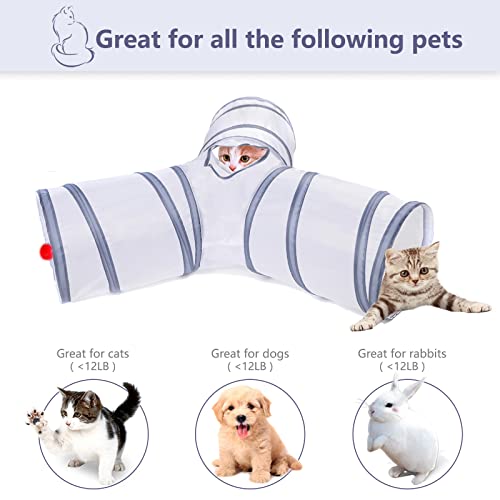 Cat Tunnel, Collapsible Tube with 1 Play Ball Toys, 3 Ways Tunnels for Indoor Cats, Puppy, Kitty, Kitten, Rabbit (White and Gray) - color: Y Shape White & Gray