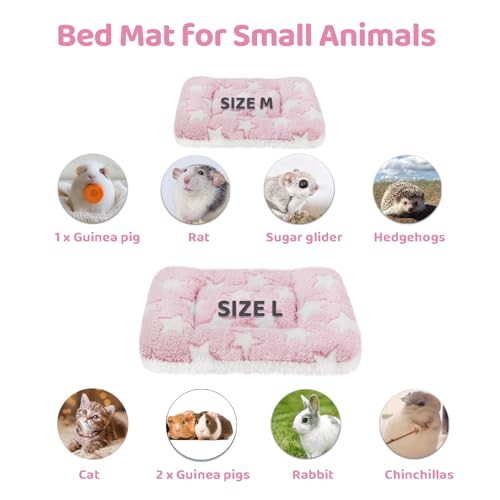 Amakunft 2 Pcs Guinea Pig Bed Mat Washable, Rabbit Winter Bed Pad for Indoor, Warm Small Animal Bed Mattres, Fleece Sleeping Pad for Bunny, Rat, Hedgehog, Sugar Glider, Chinchilla (Pink Star, Large) - size: Large