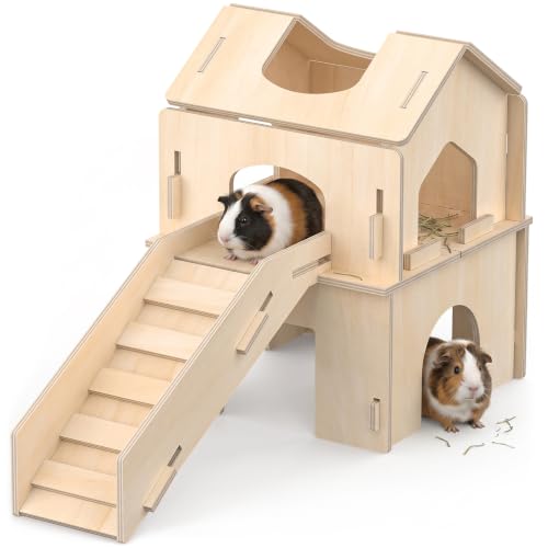 XiaZ Guinea Pig Hideout, Large Wooden Guinea Pig Castle with Stair, Detachable Double-Decker Small Animal House,Habitat Hideout for Dwarf Rabbit, Hamster, Chinchilla - size: style2:11.8 x 11.8 x 15.7 inches