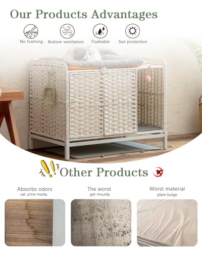 SETVSON Cat Litter Box Enclosure Furniture with Divider, Hidden House White | Handwoven PE Rattan with Washable Mat, 3.54-In Heightened Metal Feet, 31.2 x 19.6 x 24.2 Inches Spacious Cabinet - color: White